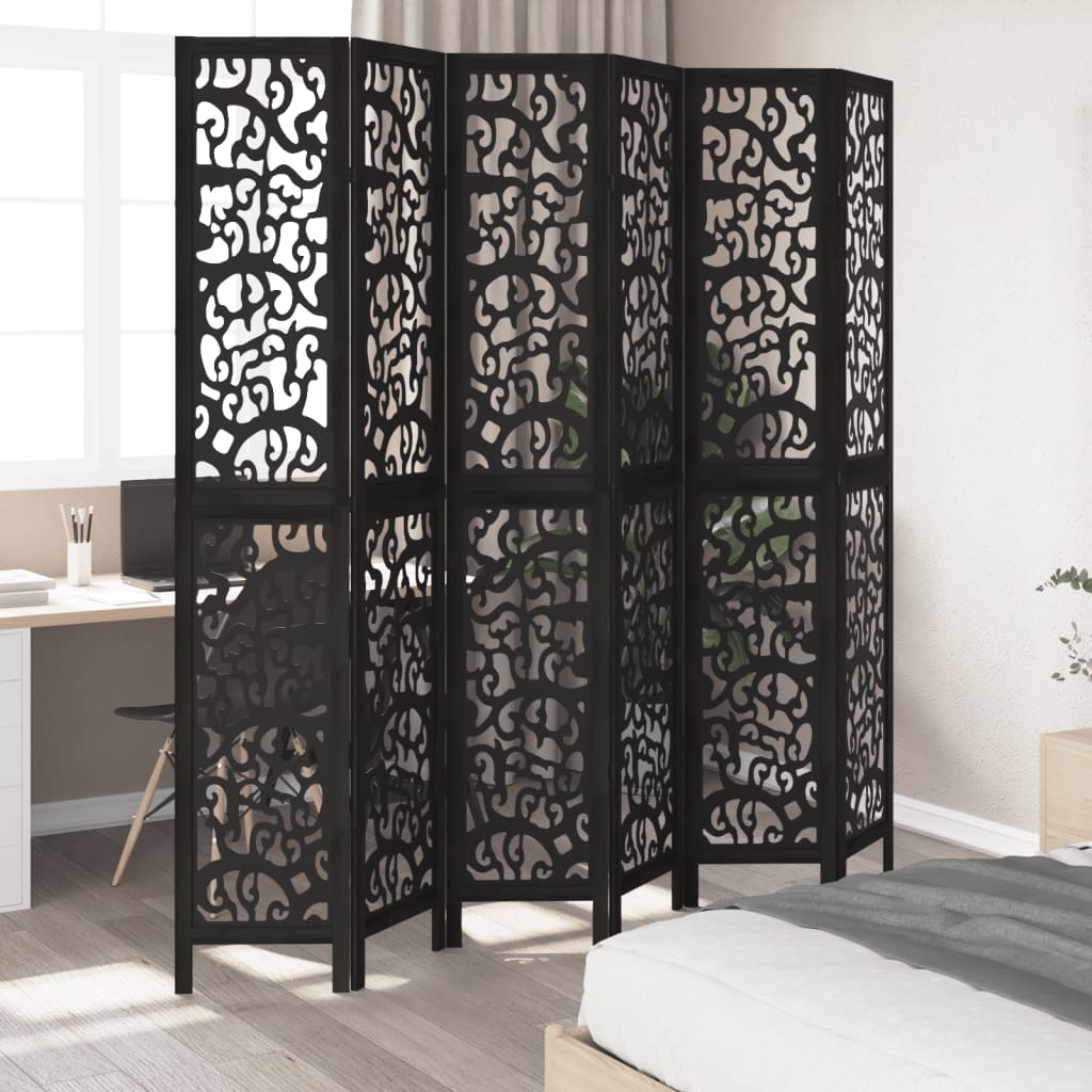 6-Panel Black Room Divider - Solid Wood Paulownia Privacy Screen
