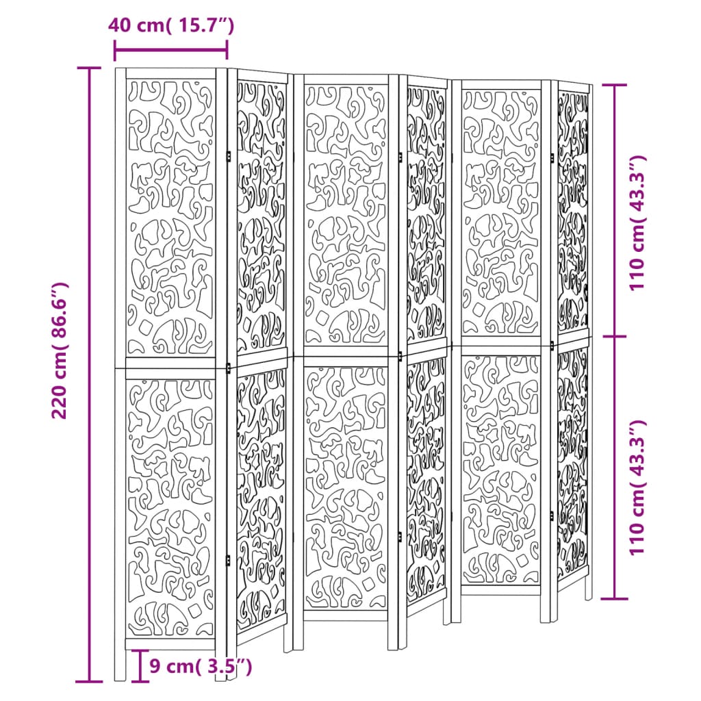 6-Panel Black Room Divider - Solid Wood Paulownia Privacy Screen
