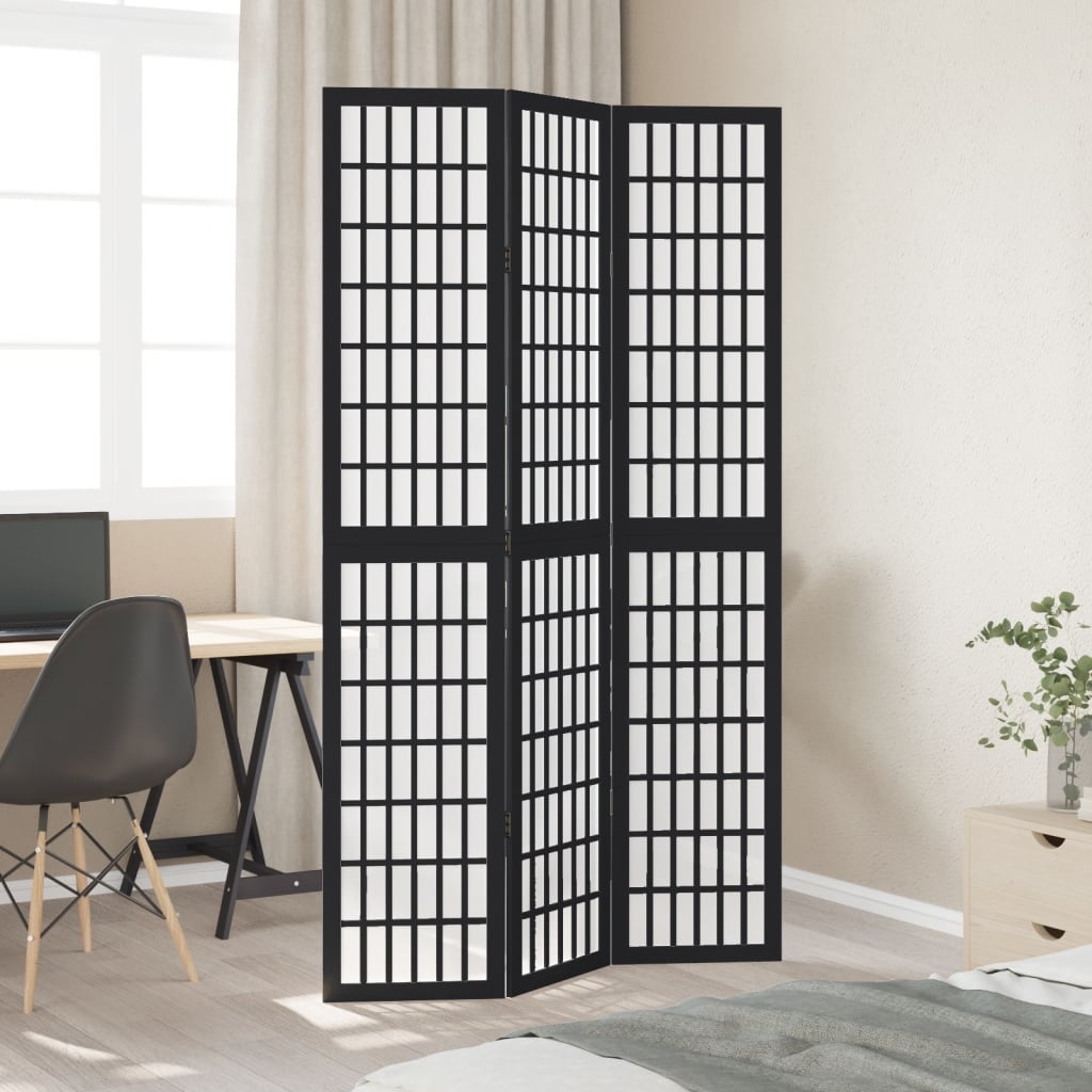 Black Solid Wood 3-Panel Room Divider | Paulownia Elegance