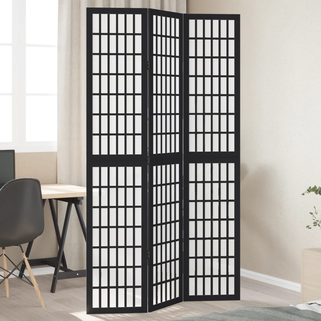 Black Solid Wood 3-Panel Room Divider | Paulownia Elegance