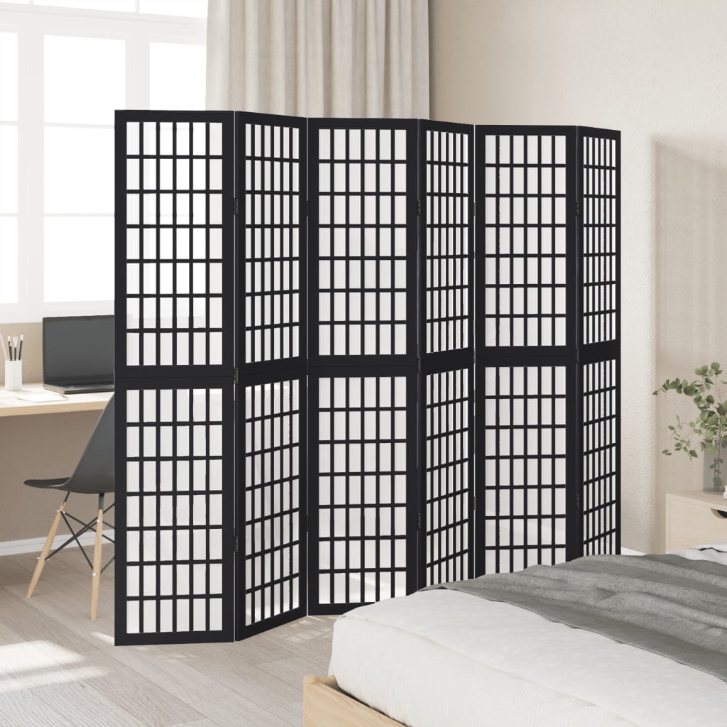 Black Solid Wood 6-Panel Room Divider - Paulownia Elegance