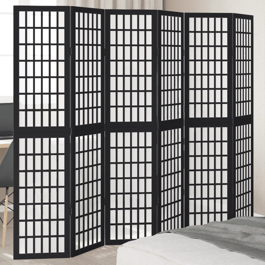 Black Solid Wood 6-Panel Room Divider - Paulownia Elegance