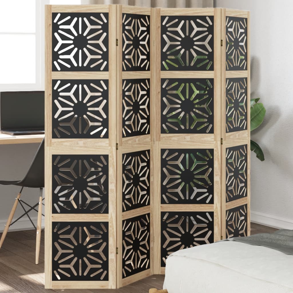 4-Panel Solid Wood Room Divider, Brown & Black Paulownia