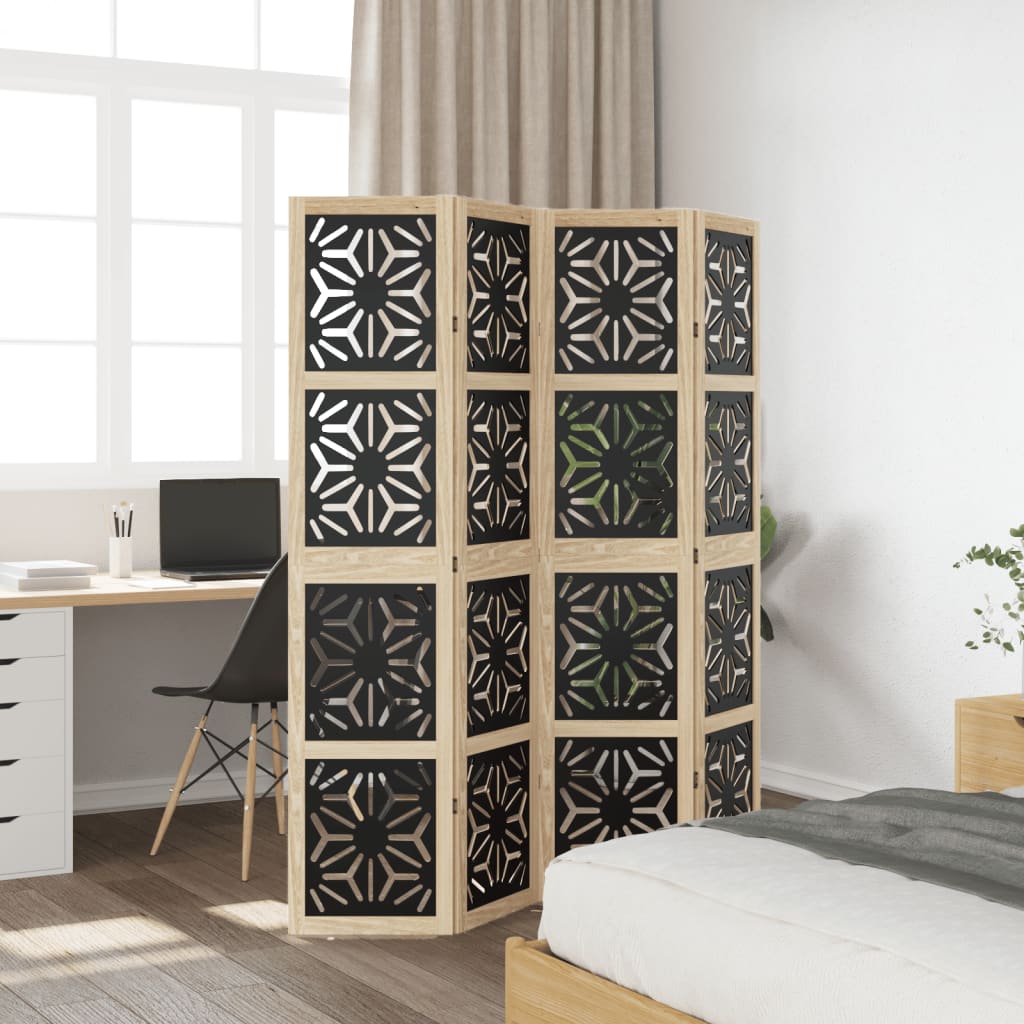 4-Panel Room Divider, Brown & Black Solid Wood Paulownia