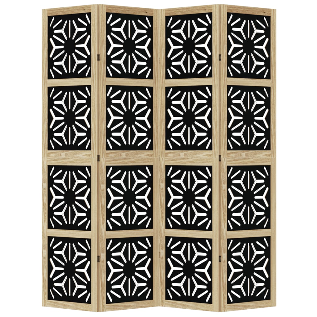 4-Panel Room Divider, Brown & Black Solid Wood Paulownia