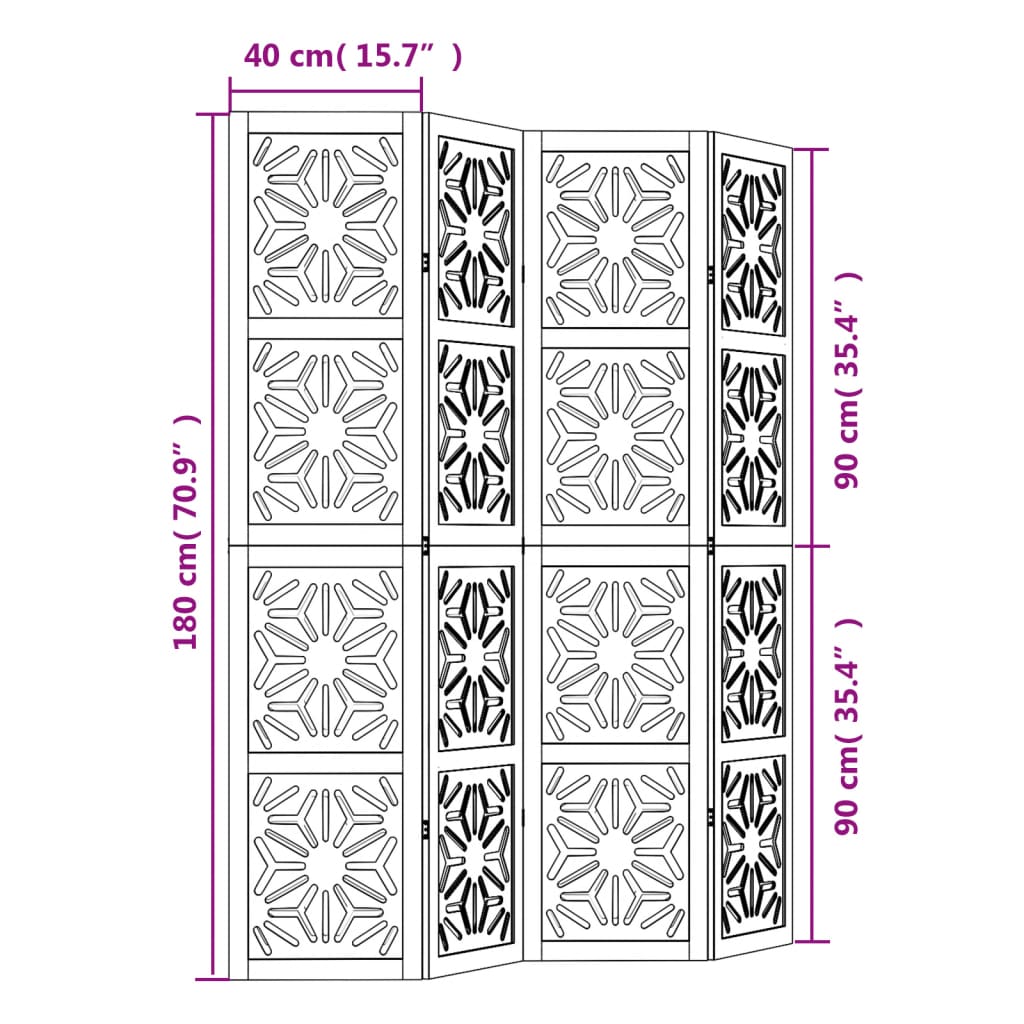 4-Panel Room Divider, Brown & Black Solid Wood Paulownia