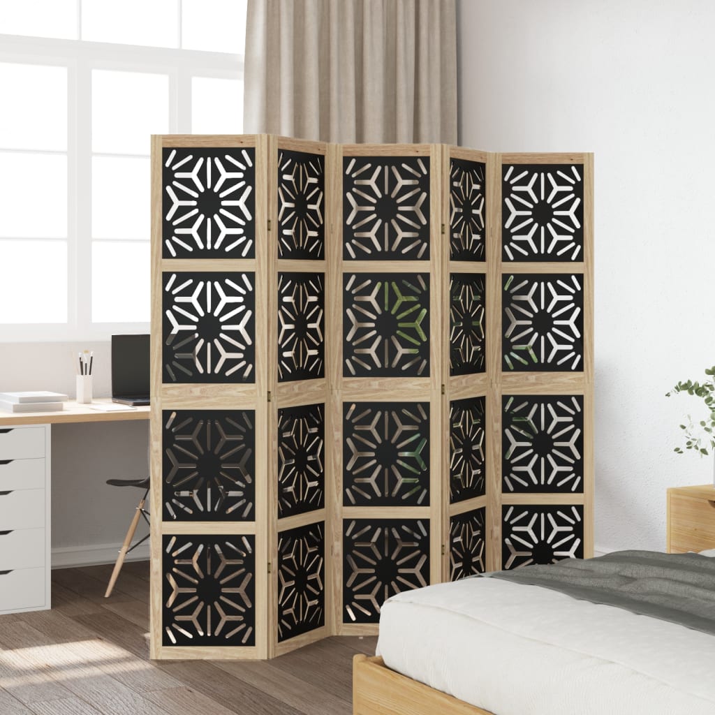 5-Panel Room Divider in Brown & Black Solid Paulownia Wood