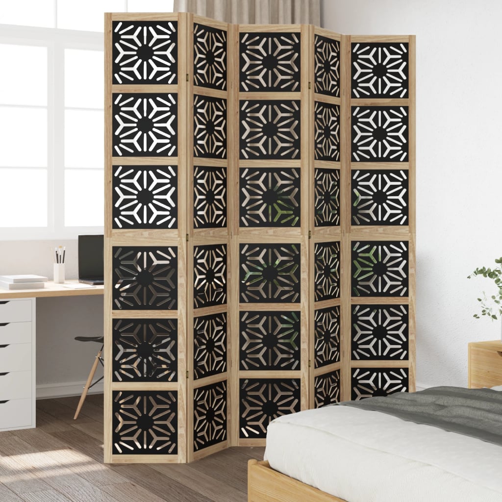 5-Panel Brown & Black Solid Wood Paulownia Room Divider