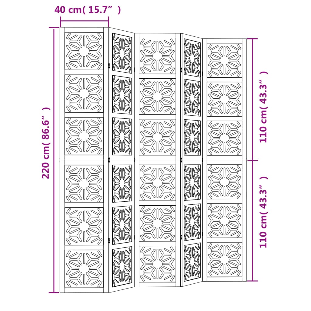 5-Panel Brown & Black Solid Wood Paulownia Room Divider