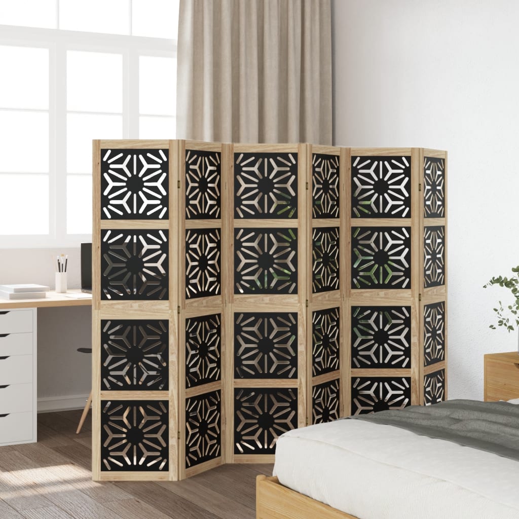 6-Panel Room Divider, Solid Paulownia Wood, Brown & Black
