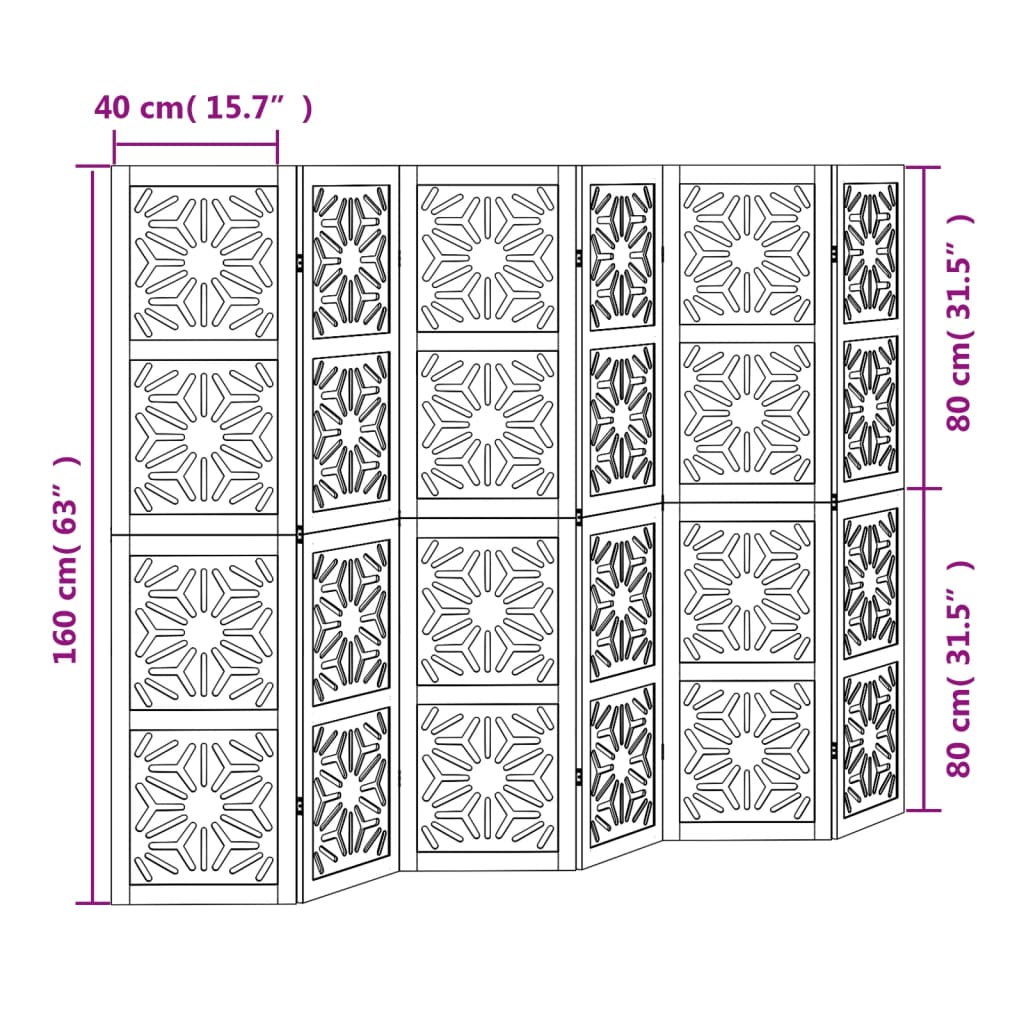 6-Panel Room Divider, Solid Paulownia Wood, Brown & Black