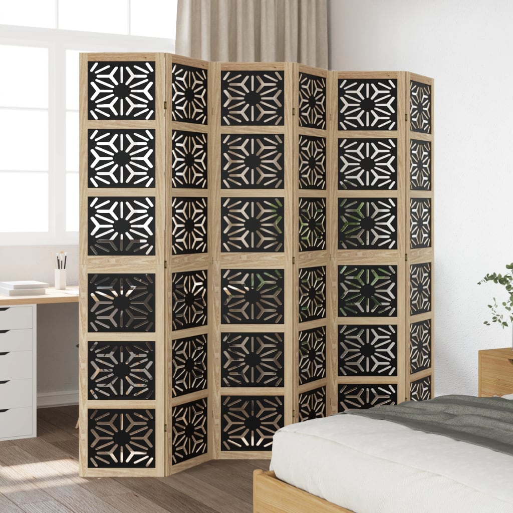 6-Panel Brown & Black Solid Wood Room Divider | Paulownia