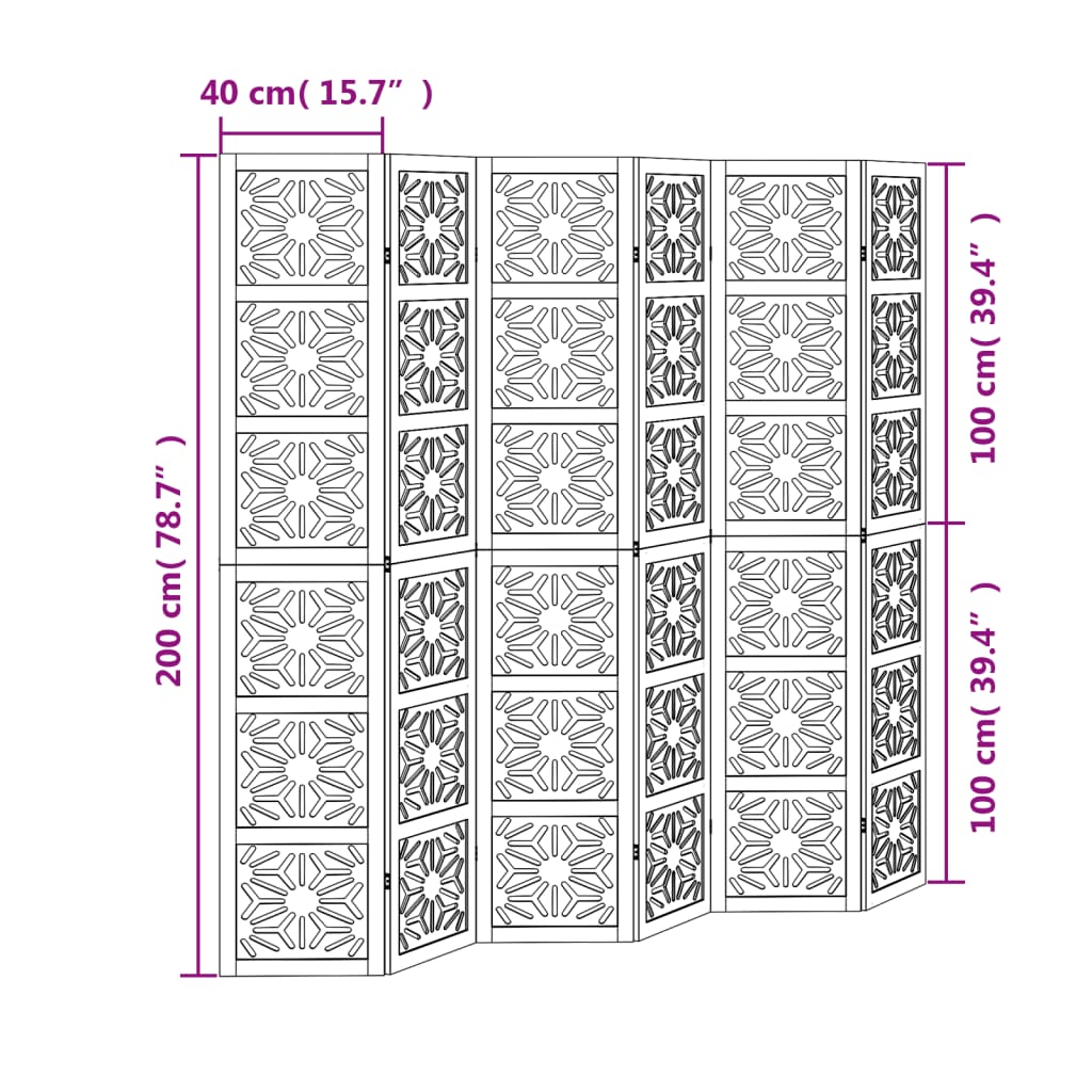 6-Panel Brown & Black Solid Wood Room Divider | Paulownia