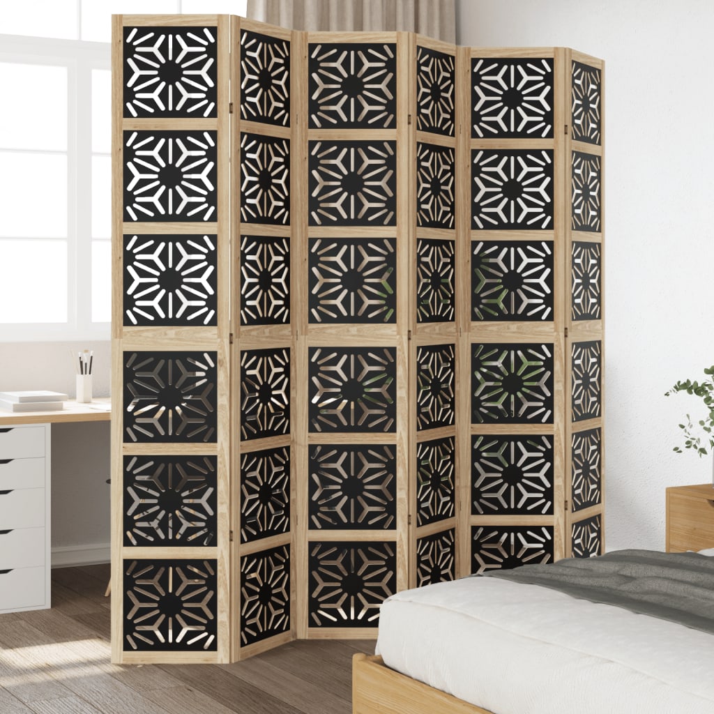 6-Panel Brown & Black Solid Wood Room Divider - Paulownia