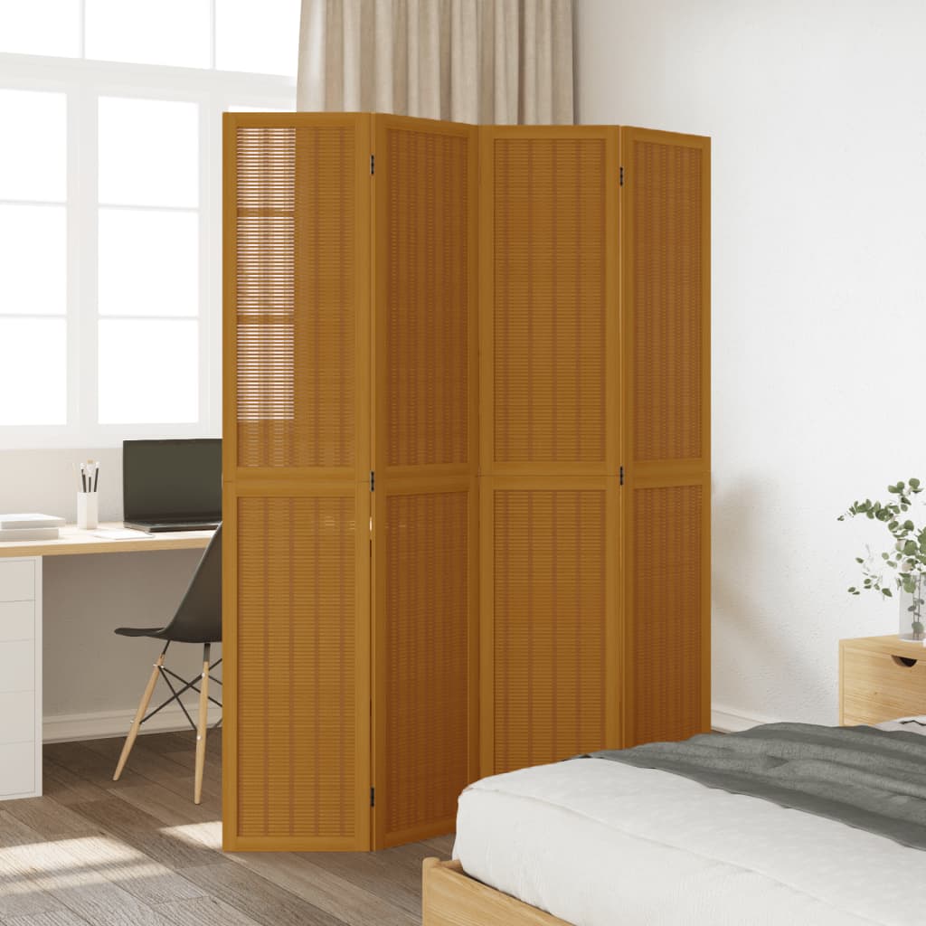 4-Panel Room Divider in Brown Solid Wood (Paulownia)