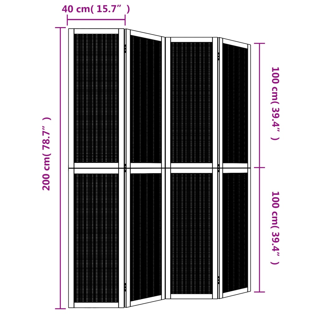 4-Panel Room Divider in Brown Solid Wood (Paulownia)