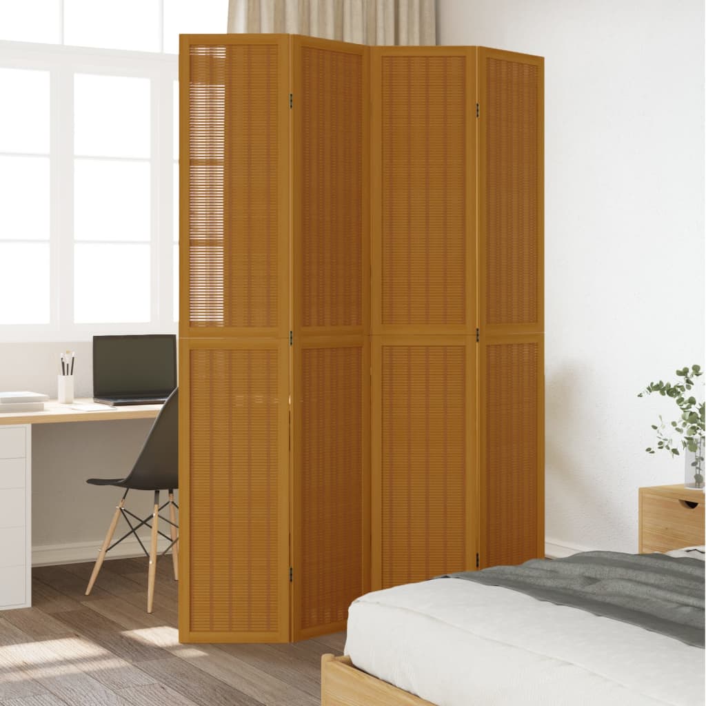Brown Solid Wood 4-Panel Room Divider - Paulownia Elegance