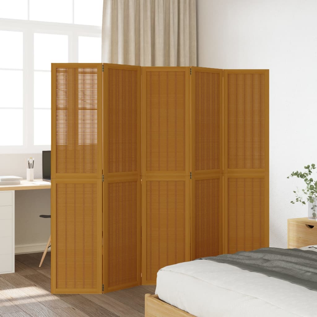 5-Panel Room Divider in Brown Solid Paulownia Wood