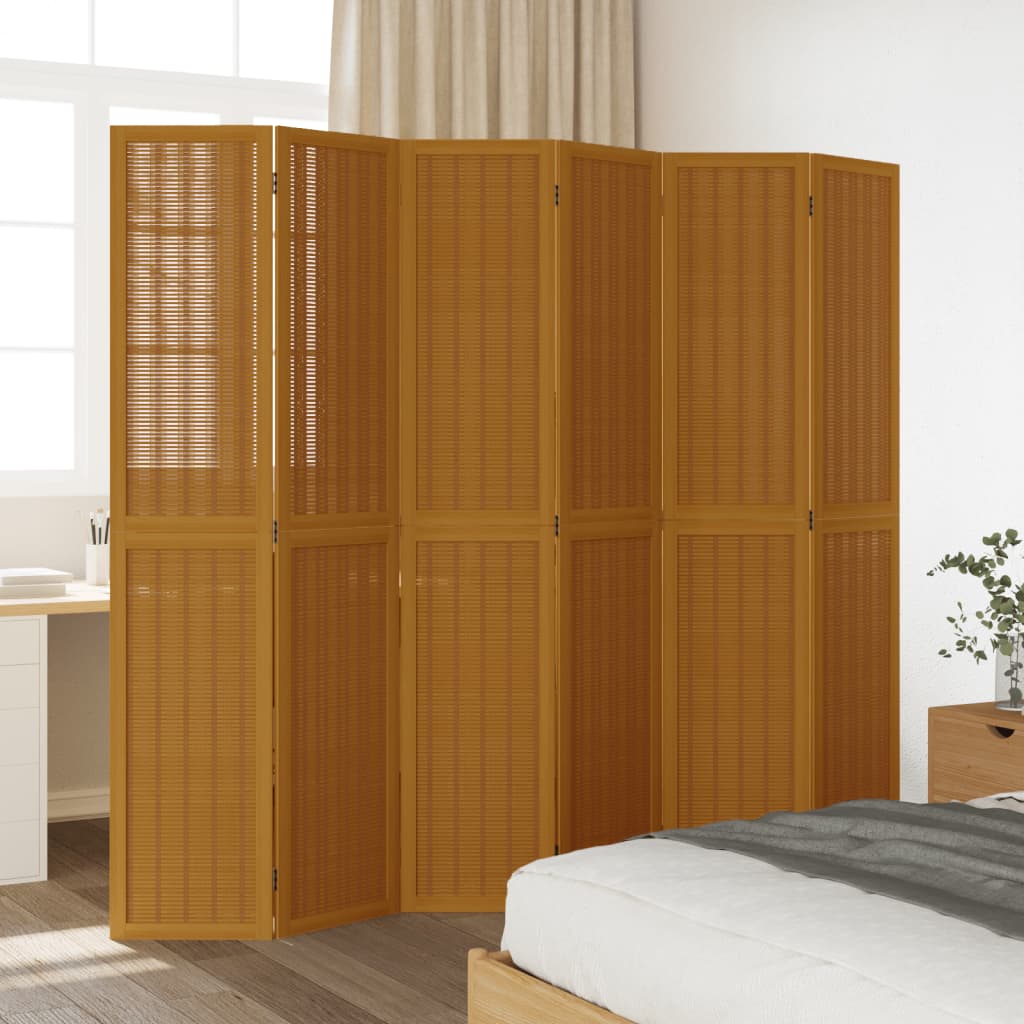 6-Panel Brown Room Divider - Solid Wood Paulownia Partition
