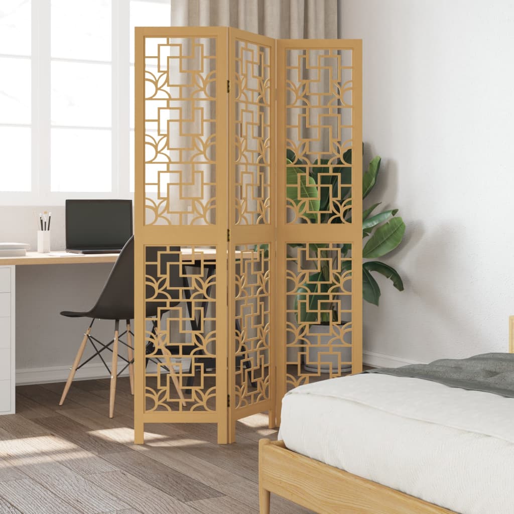 Brown Solid Wood 3-Panel Room Divider - Paulownia Finish
