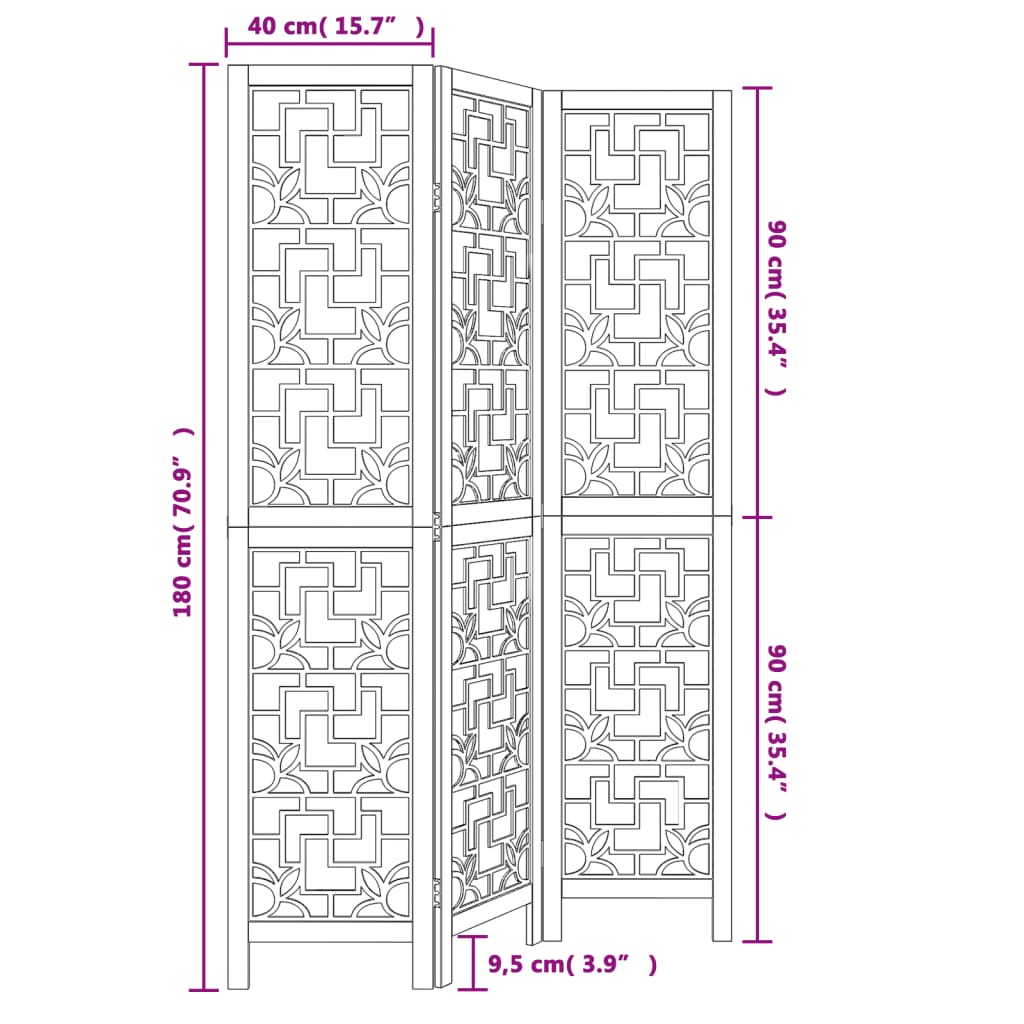 Brown Solid Wood 3-Panel Room Divider - Paulownia Finish