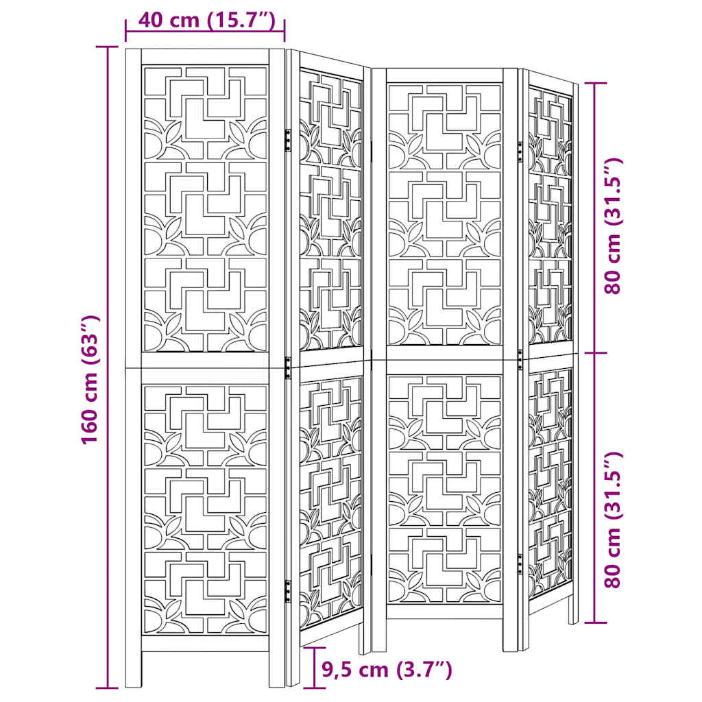 Brown Solid Wood Room Divider - 4 Panel Paulownia Privacy Screen