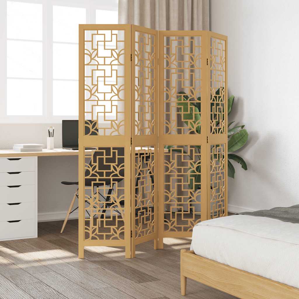 Brown Solid Wood 4-Panel Room Divider - Elegant Paulownia Design