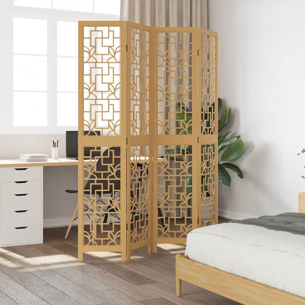 Brown Solid Wood 4-Panel Room Divider - Paulownia Elegance