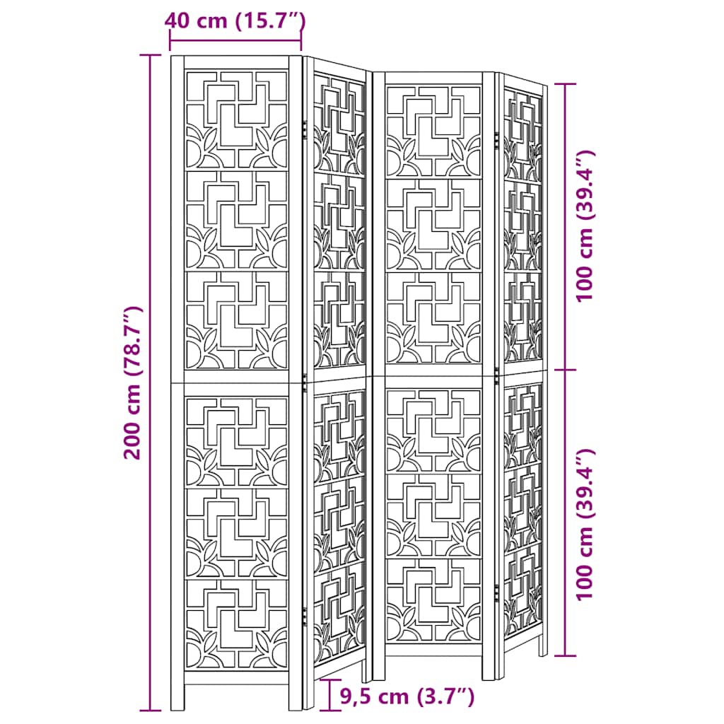 Brown Solid Wood 4-Panel Room Divider - Paulownia Elegance