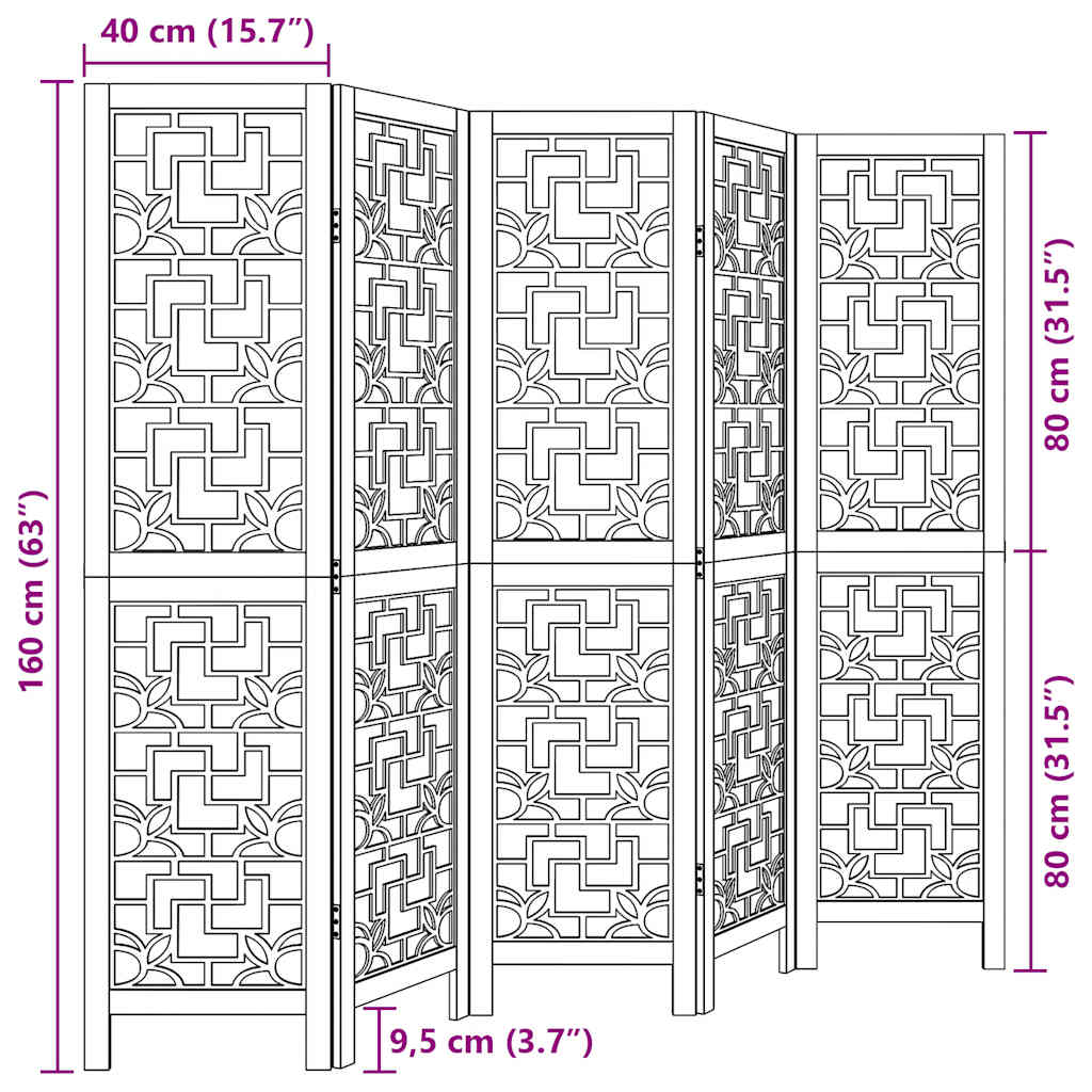 Brown Solid Wood 5-Panel Room Divider - Paulownia Design