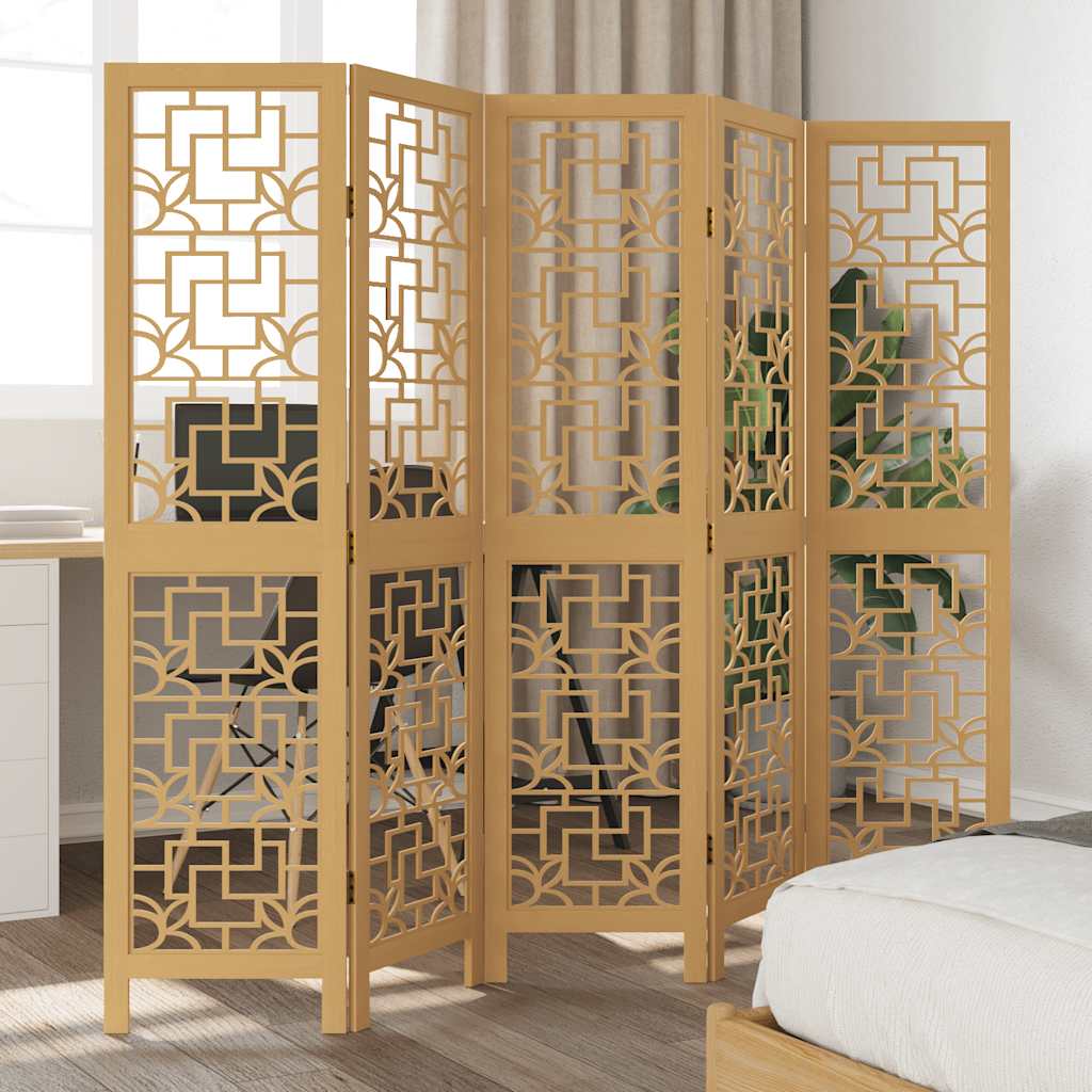 Brown Solid Wood 5-Panel Room Divider - Paulownia Design