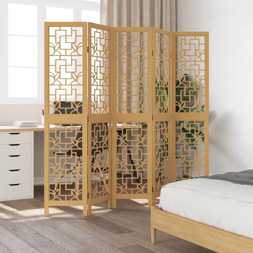 5-Panel Brown Solid Wood Paulownia Room Divider