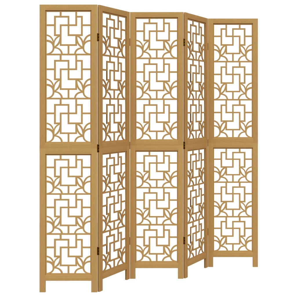 5-Panel Room Divider in Brown Solid Wood Paulownia