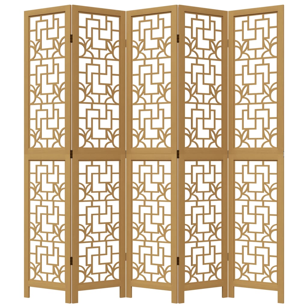 5-Panel Room Divider in Brown Solid Wood Paulownia
