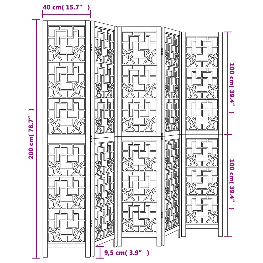 5-Panel Room Divider in Brown Solid Wood Paulownia