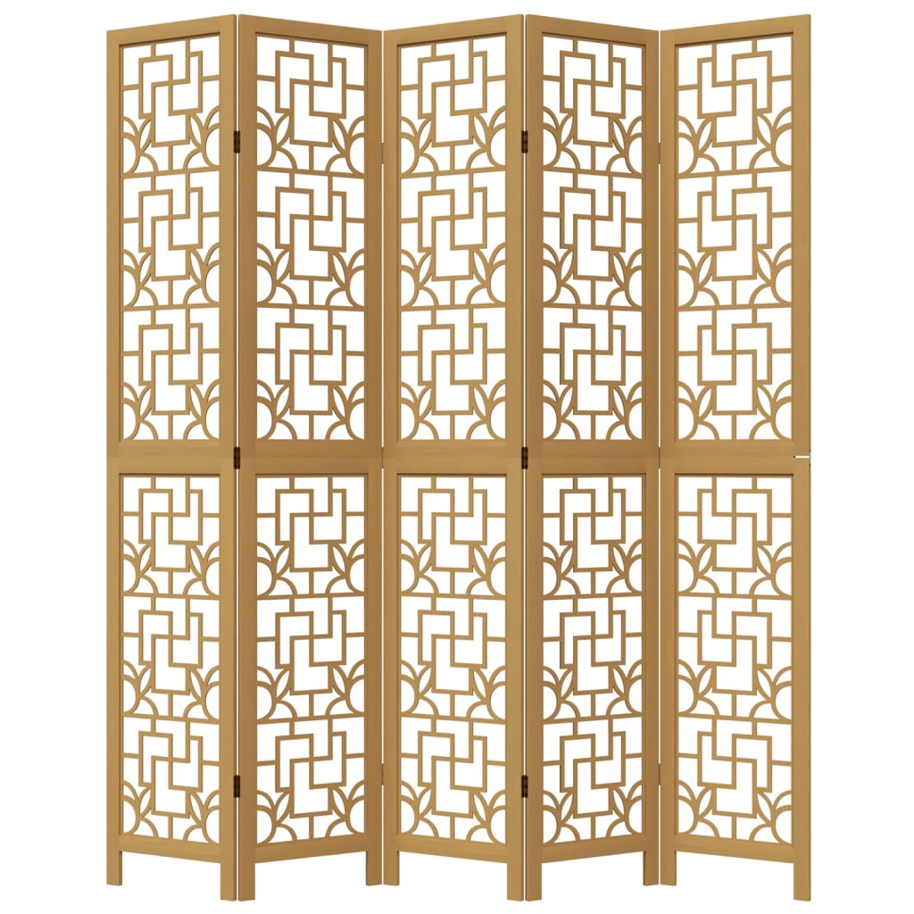 5-Panel Brown Solid Wood Room Divider - Paulownia Privacy Screen