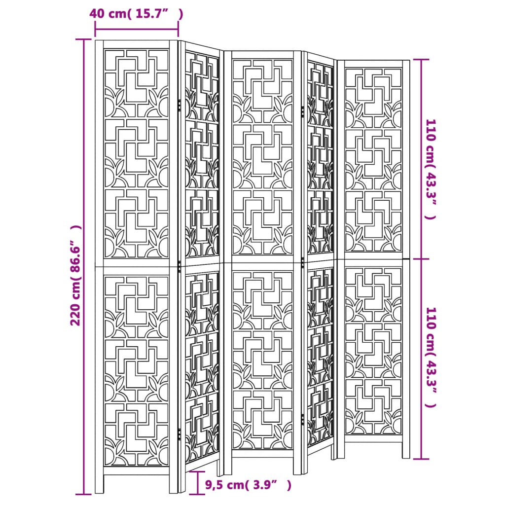 5-Panel Brown Solid Wood Room Divider - Paulownia Privacy Screen