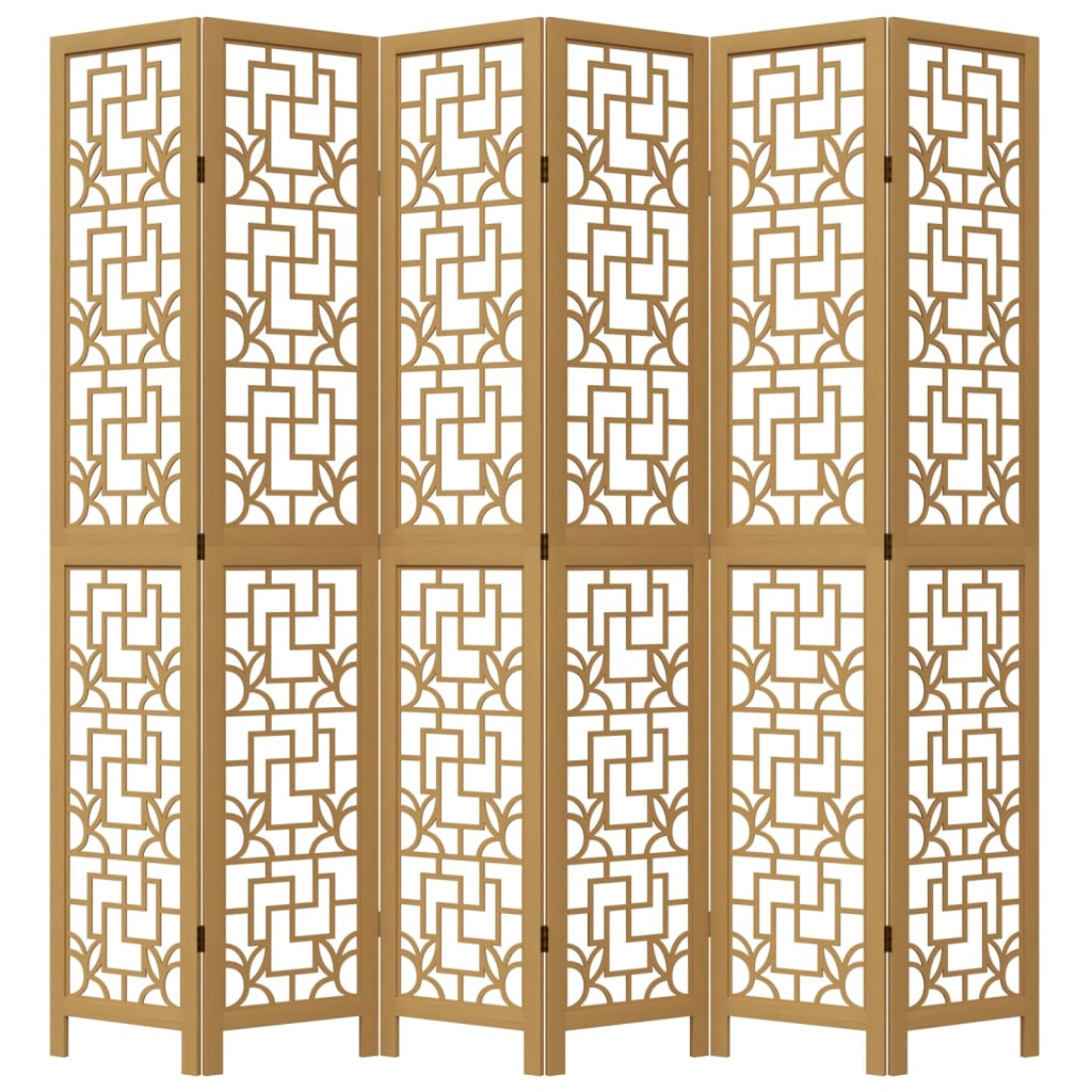 6-Panel Wood Room Divider in Brown - Solid Paulownia Wood