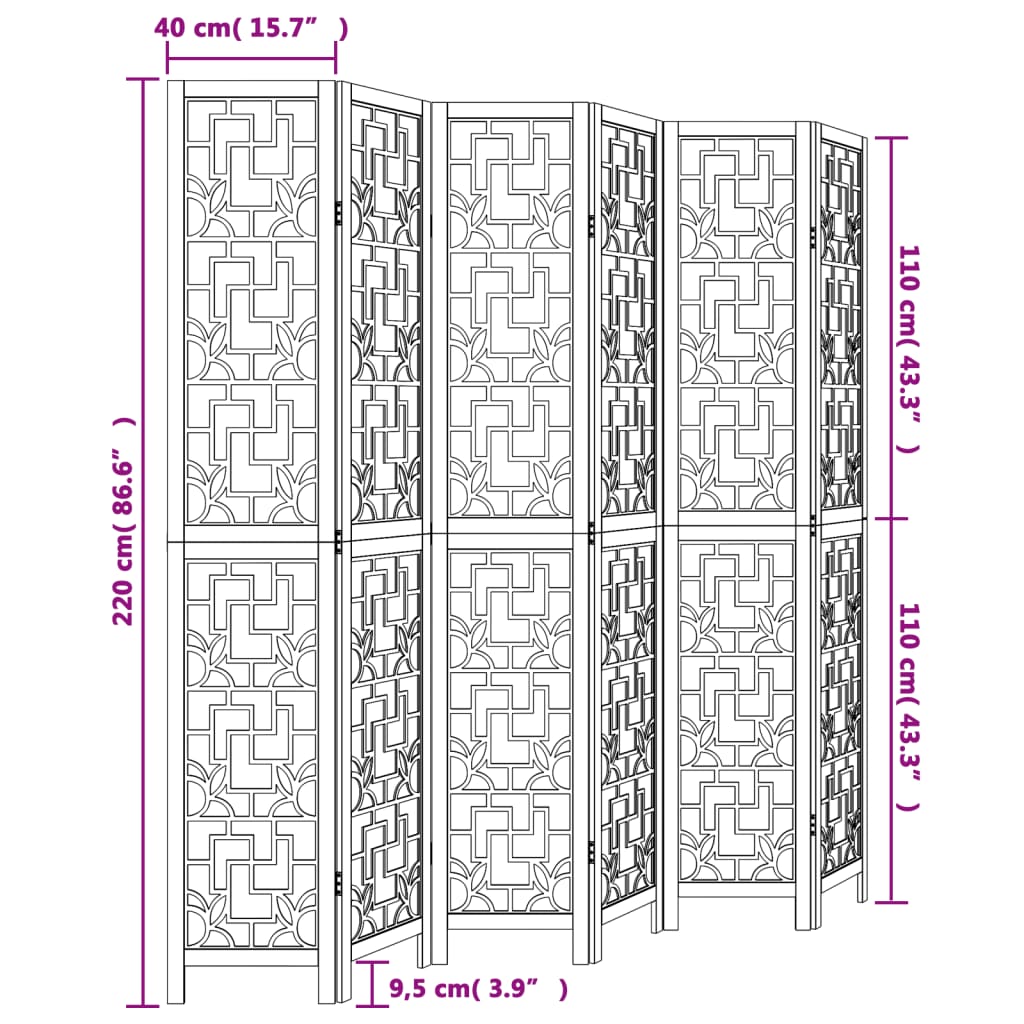 6-Panel Wood Room Divider in Brown - Solid Paulownia Wood