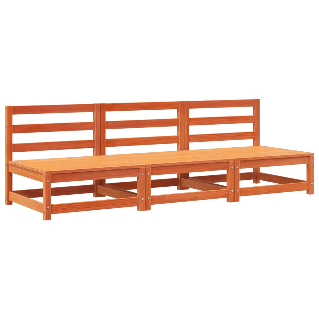 Armless 3-Piece Garden Sofa Set, Solid Pine Wood, Wax Brown