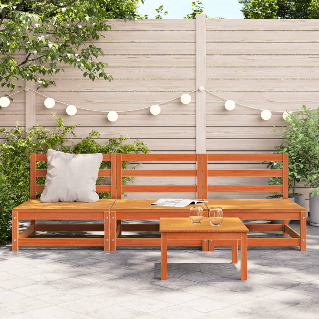 Armless 3-Piece Garden Sofa Set, Solid Pine Wood, Wax Brown