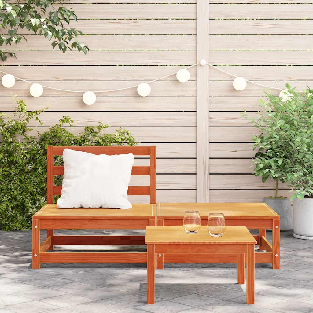 Armless Garden Sofa Set with Footstool, Wax Brown Solid Pine Wood