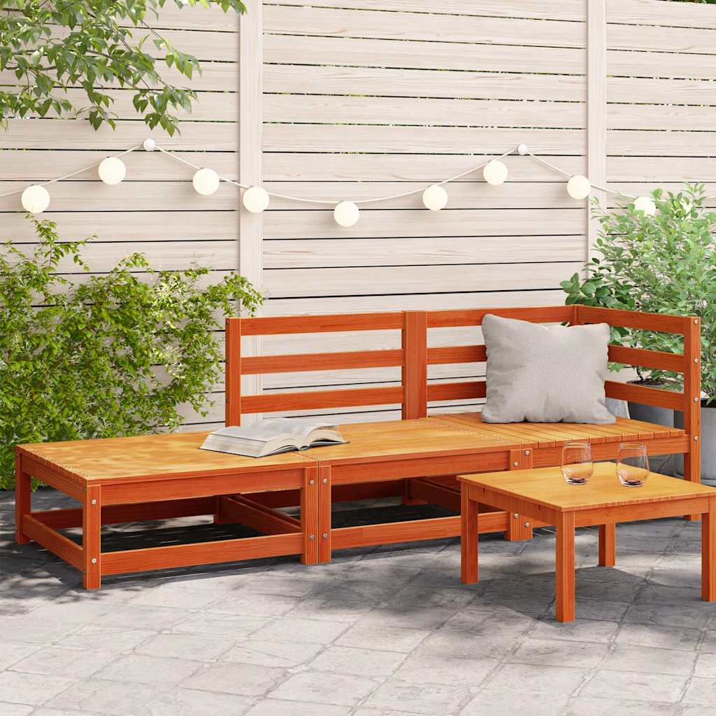 2-Seater Wax Brown Solid Pine Garden Sofa with Footstool