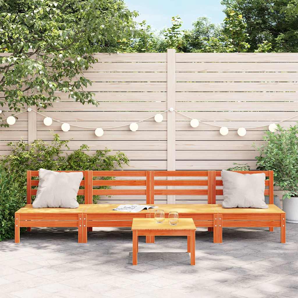 4-Piece Armless Garden Sofa Set, Wax Brown Solid Pine Wood