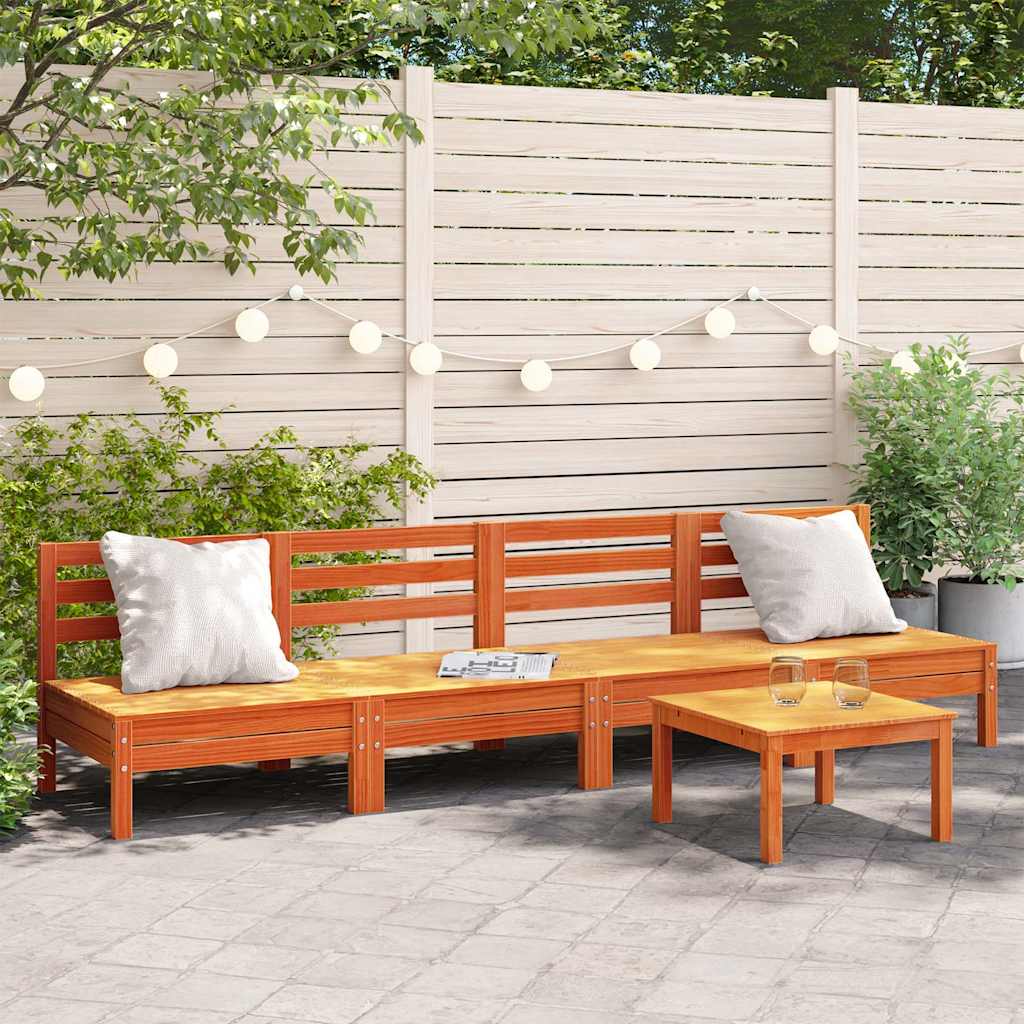 4-Piece Armless Garden Sofa Set, Wax Brown Solid Pine Wood