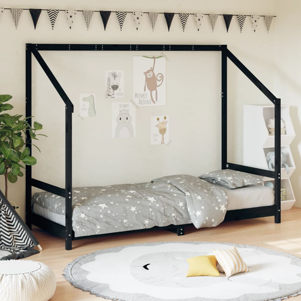 Kids Black Pine Wood Bed Frame 80x200 cm - Solid & Stylish