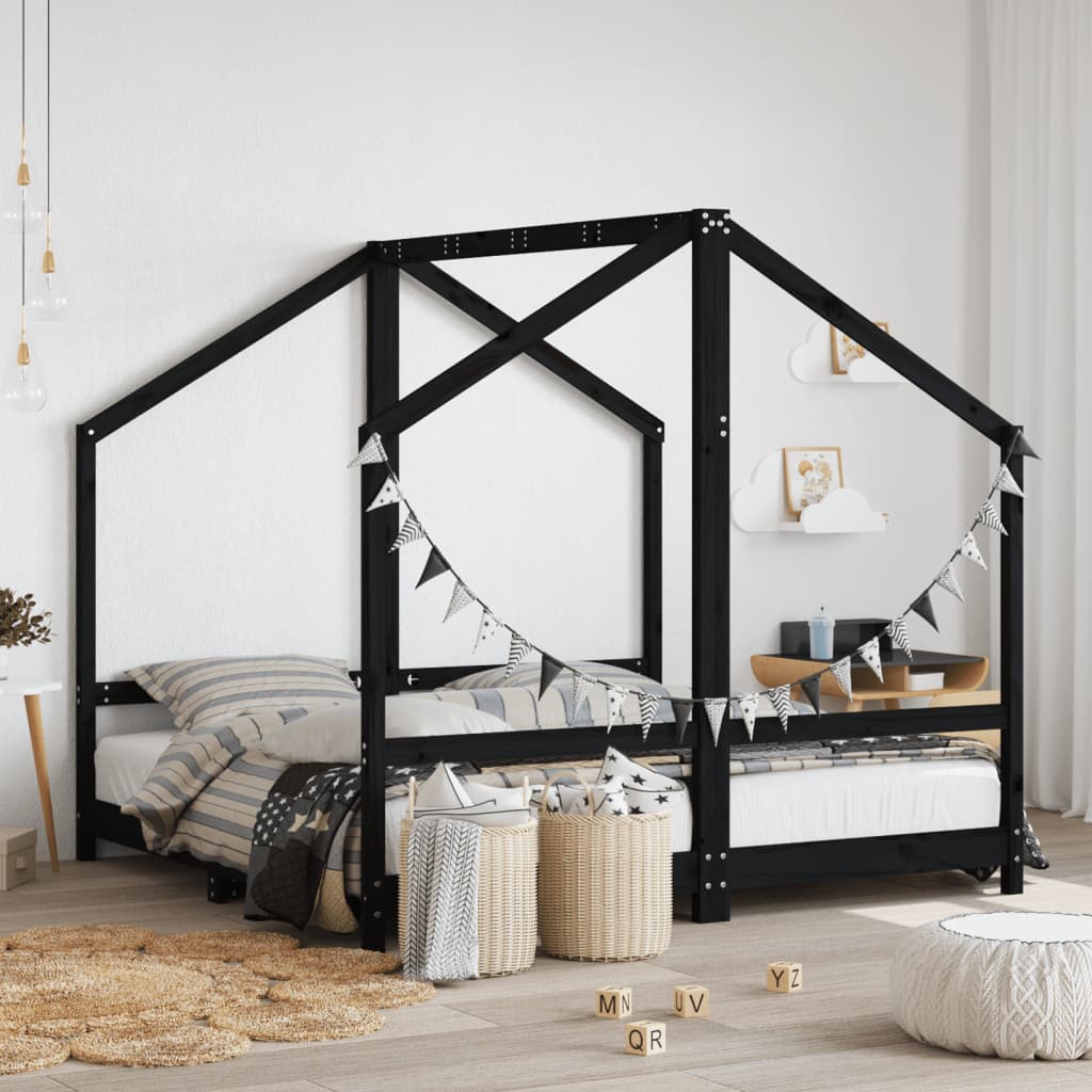 Kids Solid Pine Bed Frame, Black 2x(80x160) cm