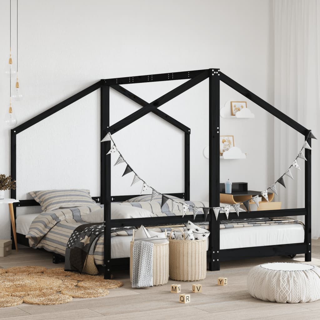 Solid Pine Black Kids Bed Frame 2x(90x190) cm - Durable & Stylish