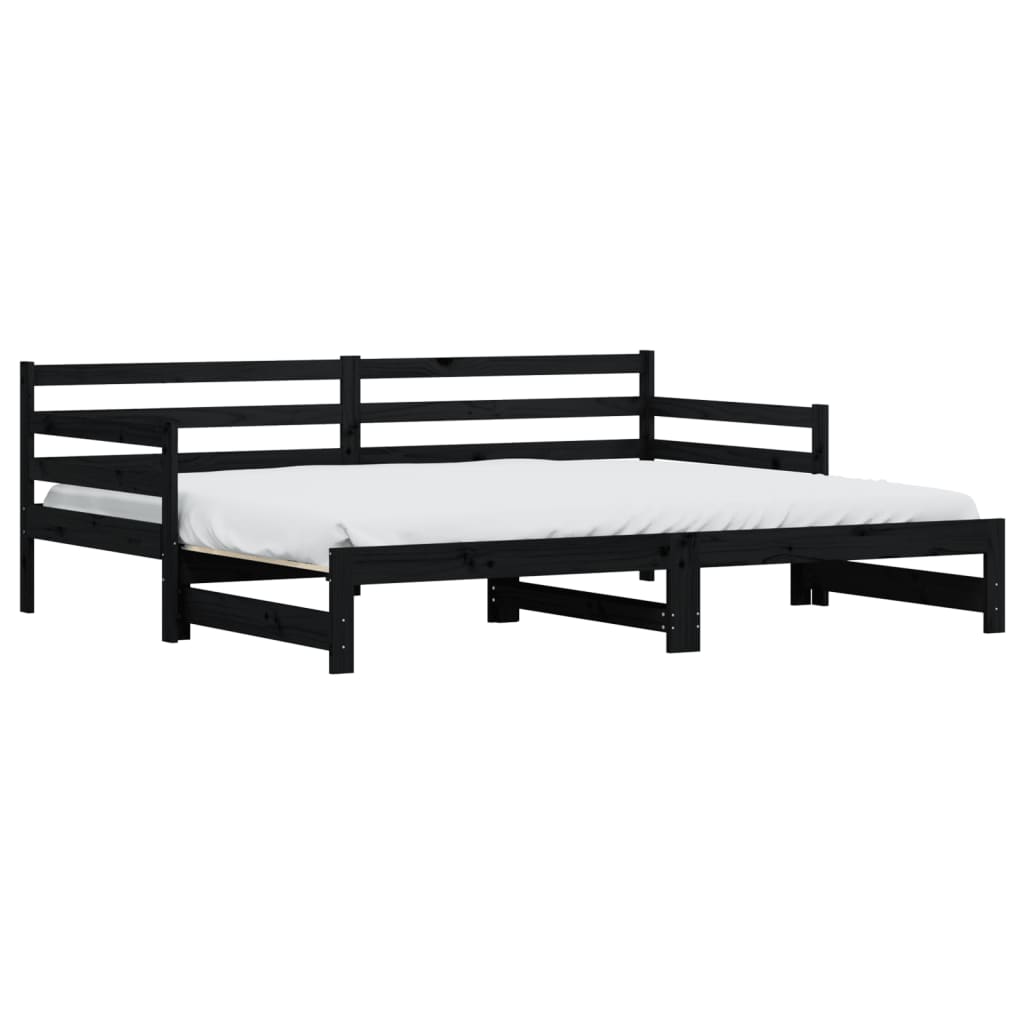 Solid Wood Black Daybed with Trundle, 80x200 cm - No Mattress