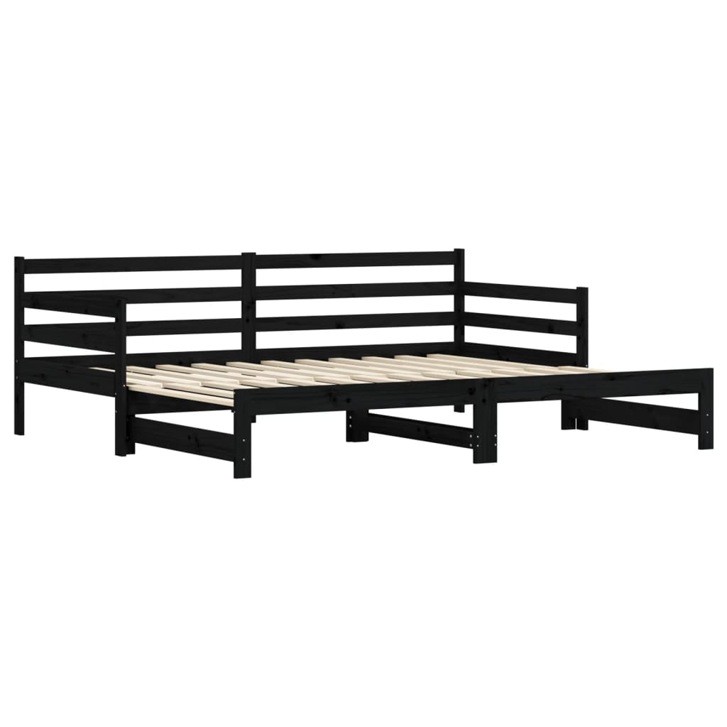 Solid Wood Black Daybed with Trundle, 80x200 cm - No Mattress